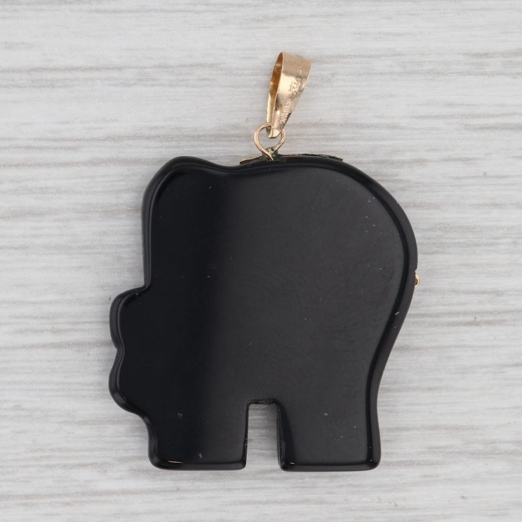 Carved Onyx Elephant Pendant 14k Yellow Gold Longevity Chinese Calligraphy