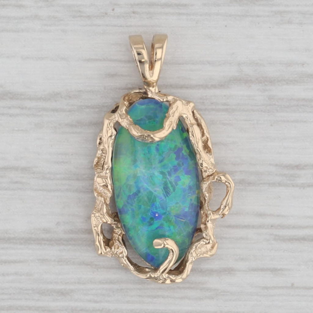 Gray Blue Green Opal Pendant 14k Yellow Gold Abstract Gothic Frame