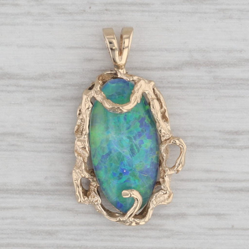 Blue Green Opal Pendant 14k Yellow Gold Abstract Gothic Frame