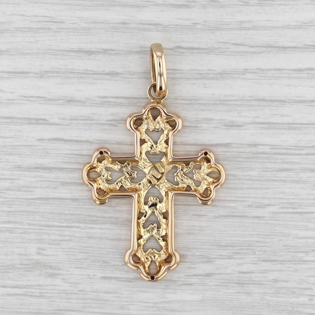 Ornate Open Work Cross Pendant 14k Yellow Gold Heart Accents
