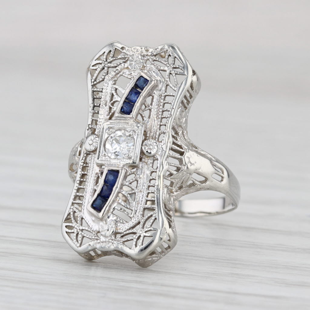 Art Deco Diamond Lab Created Sapphire Filigree Ring 18k White Gold Size 5.75