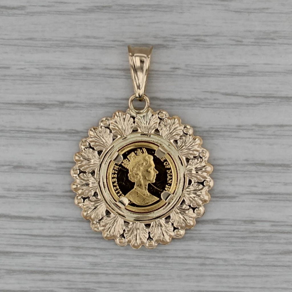 Isle of Man CAT 1/25 ozt Coin Pendant 14k 22k Yellow Gold Crown