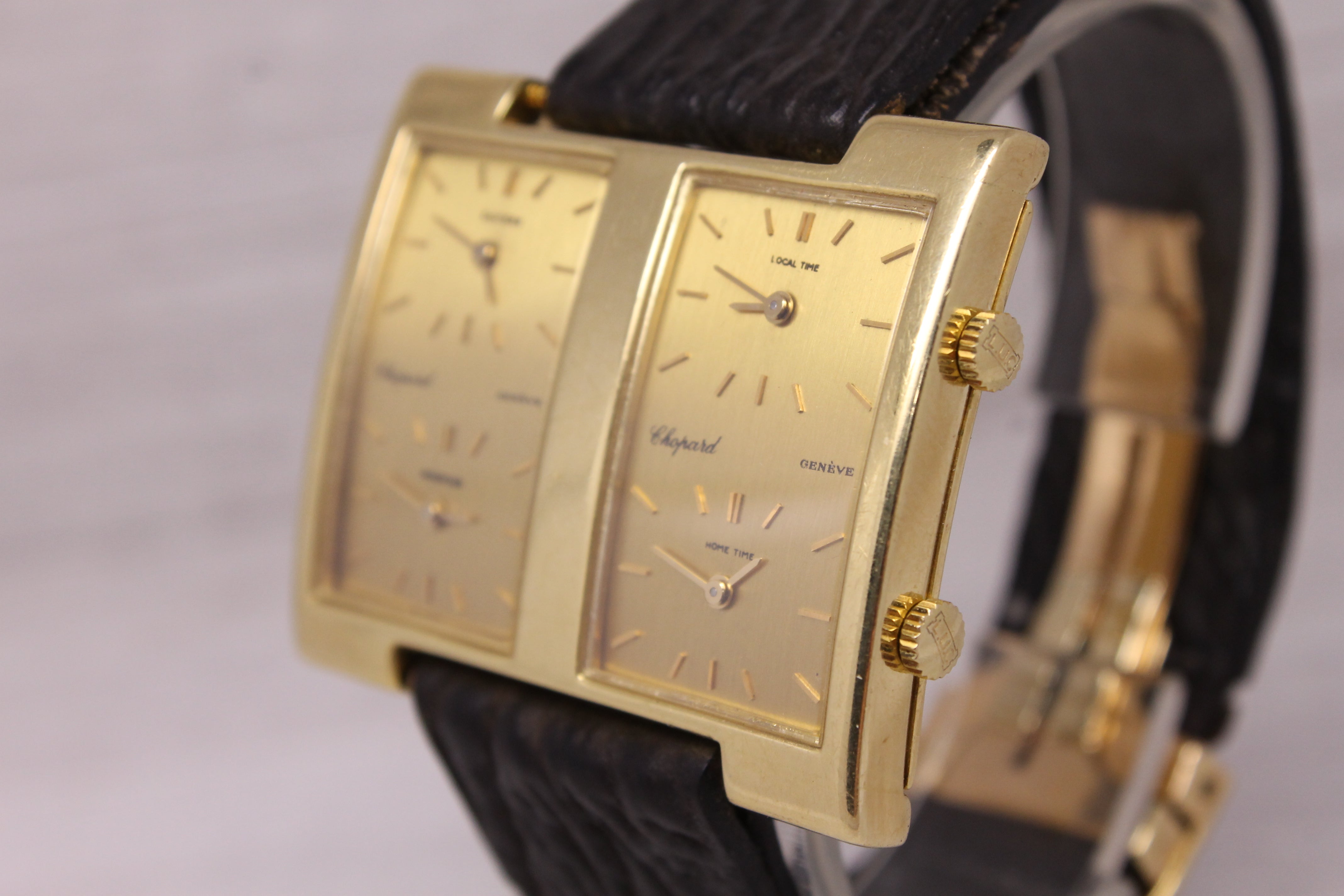 Vintage 1970s Chopard 4 Time Zone 18k Yellow Gold Mens Watch w Cartier Deployant