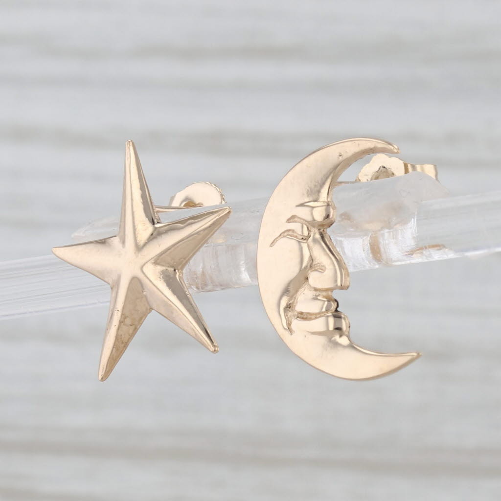 Moon & Star Stud Earrings 14k Yellow Gold Celestial Studs Moon w/ Face
