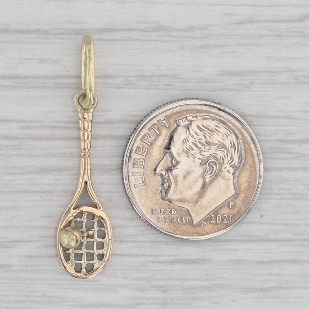 Gray Vintage Tennis Racquet & Ball Charm 14k Yellow Gold Pendant Moving Parts