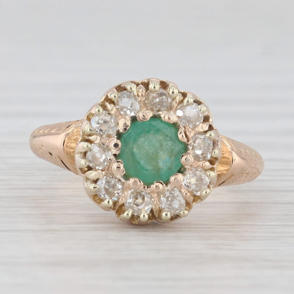 Light Gray Antique 1.15ctw Emerald Diamond Halo Ring 15k Yellow Gold Size 5 Engagement