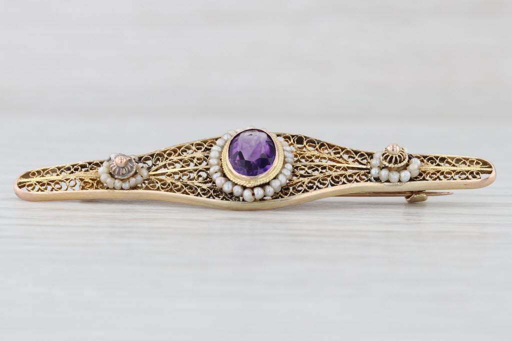 Vintage 1.05ct Amethyst Seed Pearl Filigree Bar Brooch 14k Yellow Gold Pin