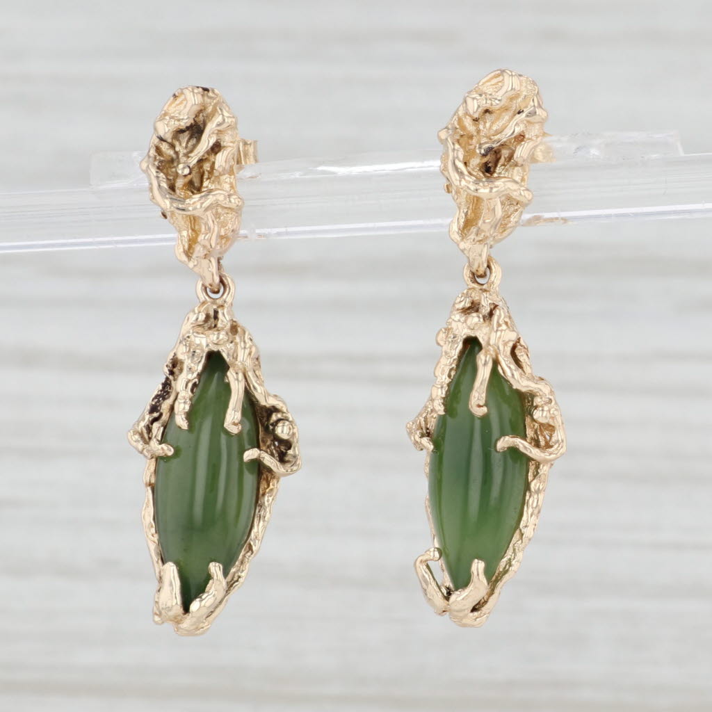 Light Gray Green Nephrite Jade Dangle Earrings 14k Yellow Gold