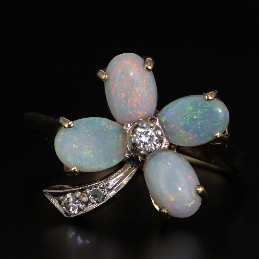 Dark Gray Vintage Opal Diamond Flower Ring 10k Yellow Gold Size 6.5 Floral