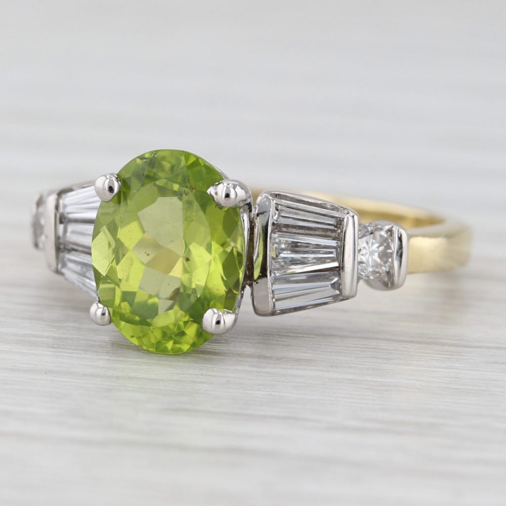 Light Gray 2.60ctw Oval Peridot Diamond Ring 18k White Yellow Gold Size 6.75