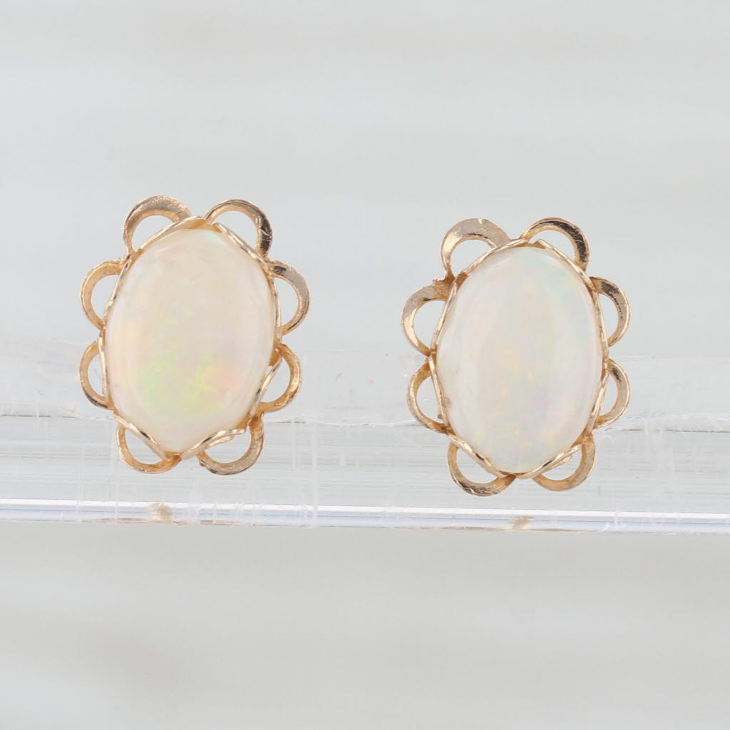 Oval Cabochon Opal Solitaire Stud Earrings 14k Yellow Gold Studs