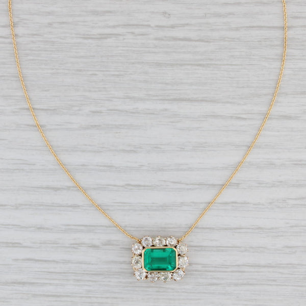 Light Gray 4.25ctw Antique GIA F1 Emerald Mine Diamond Halo Pendant Necklace 18k Gold 17.5"