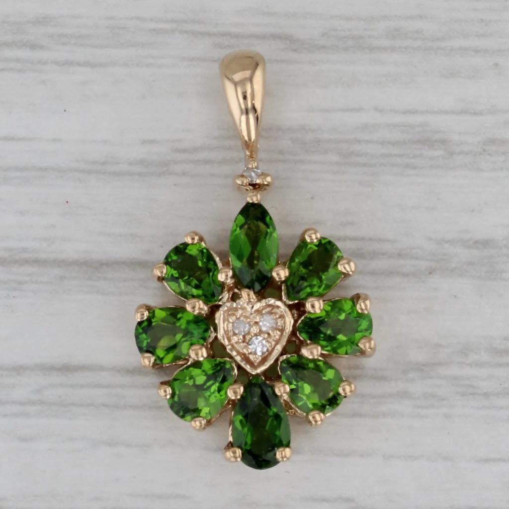 Gray 1.30ctw Green Chrome Diopside Diamond Heart Flower Pendant 14k Yellow Gold