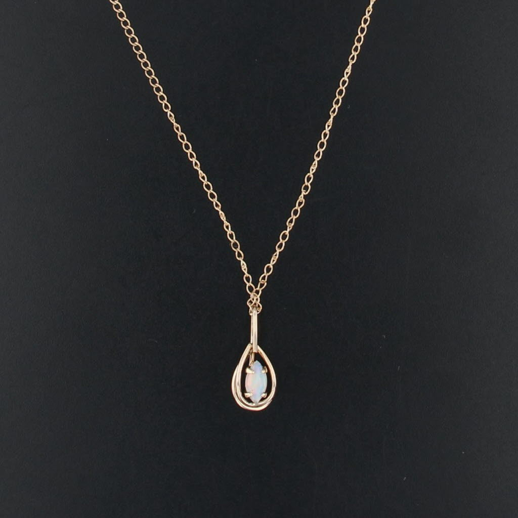 Opal Teardrop Pendant Necklace 14k Yellow Gold 24" Curb Chain Navette Cabochon
