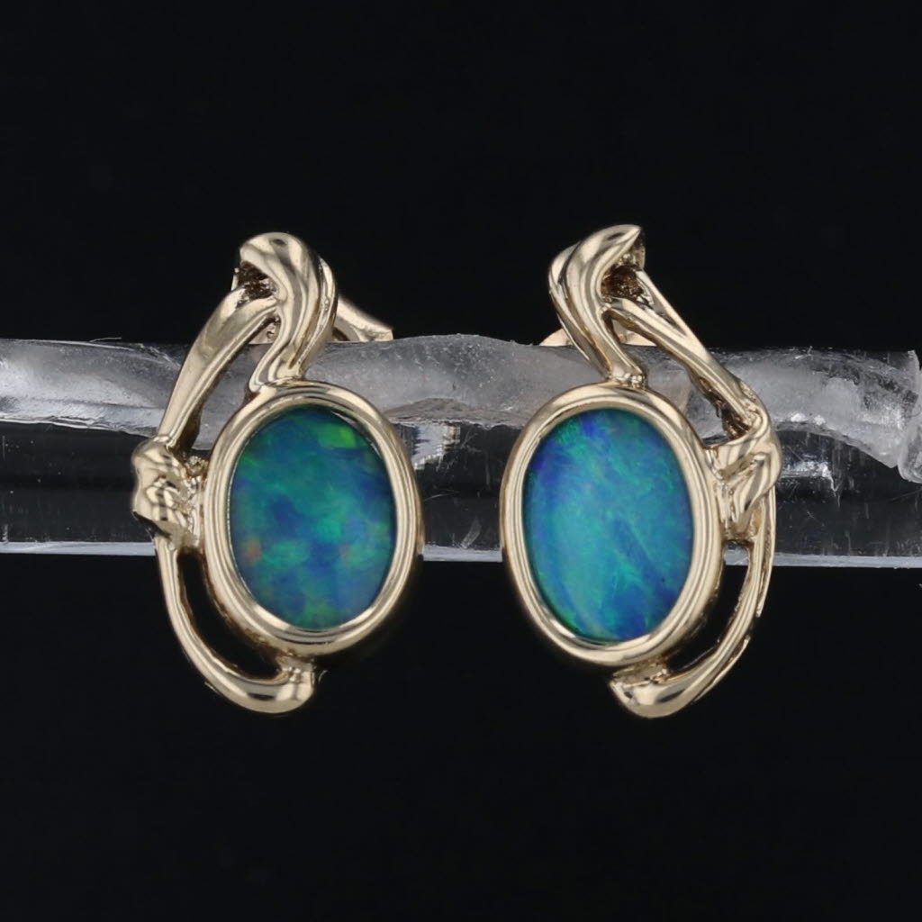 Blue Opal Stud Earrings 14k Yellow Gold Oval Cabochon Studs