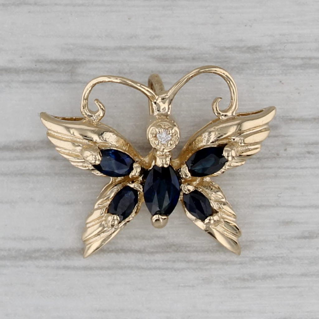 Gray 0.45ctw Blue Sapphire Butterfly Pendant 14k Yellow Gold Diamond Accents