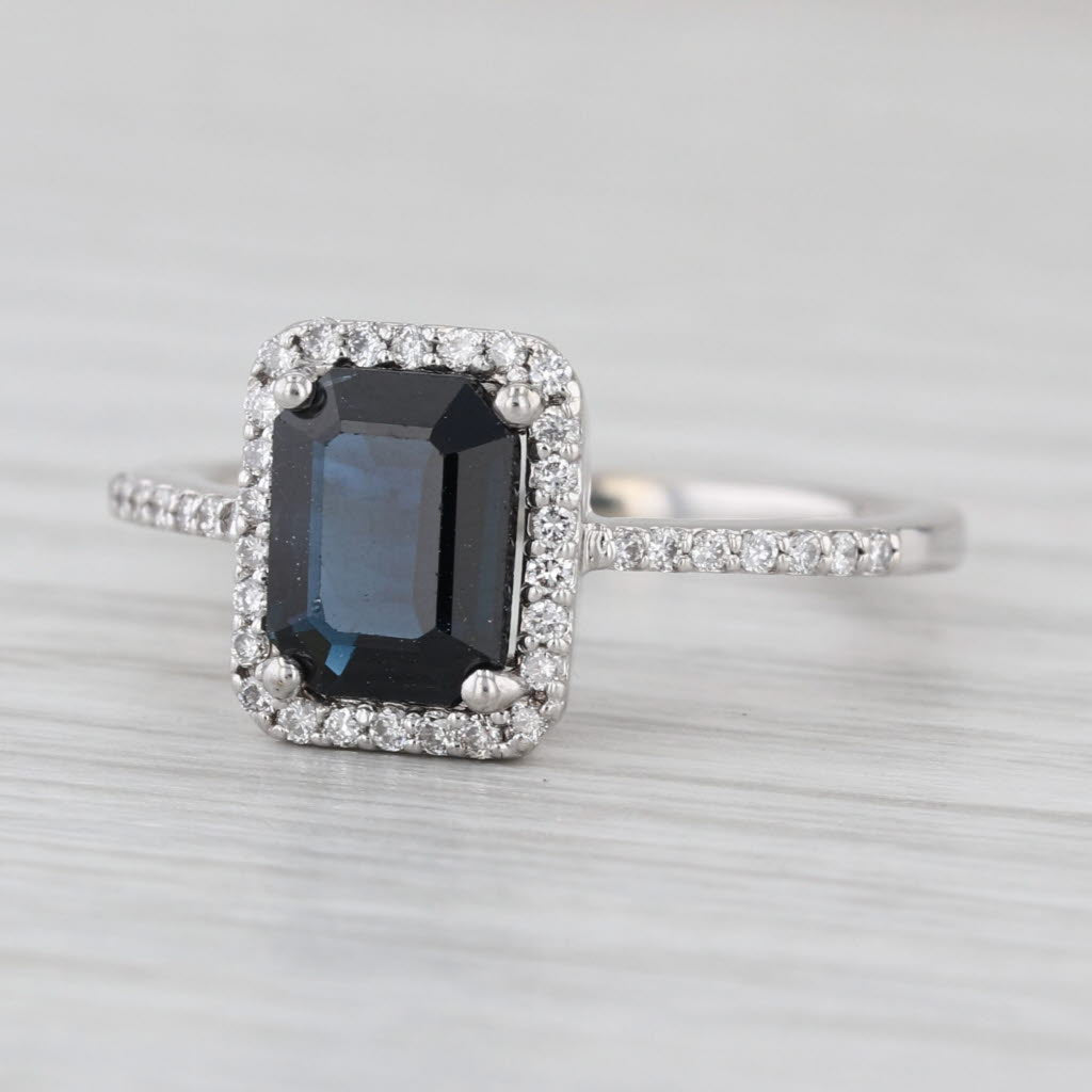 1.36ctw Emerald Cut Blue Sapphire Diamond Halo Ring 14k White Gold Engagement
