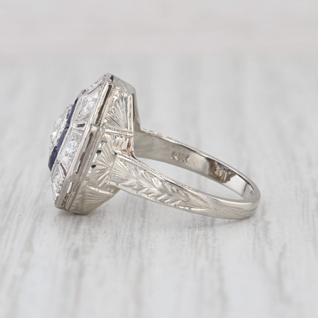Art Deco 0.96ctw Diamond Lab Created Sapphire Halo Ring 14k Gold Platinum Sz 5.5