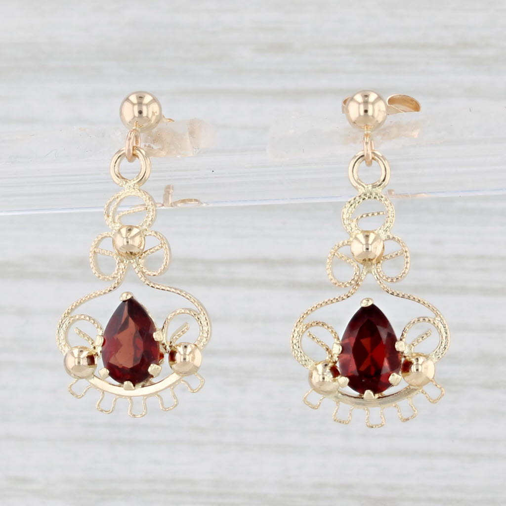 Light Gray 1ctw Garnet Filigree Dangle Earrings 14k Yellow Gold Drops