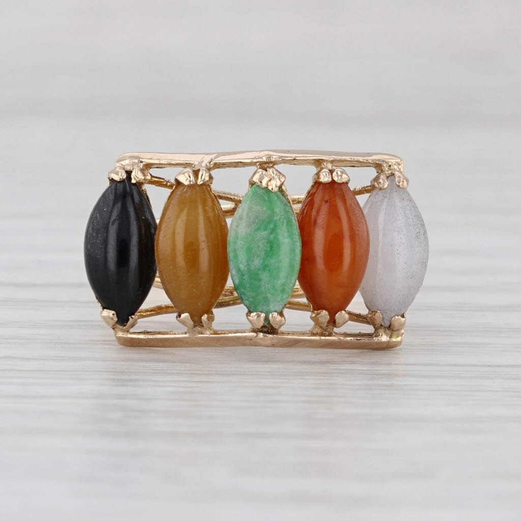 Jadeite Jade Marquise Cabochon 5-Stone Ring 14k Yellow Gold Size 9.5