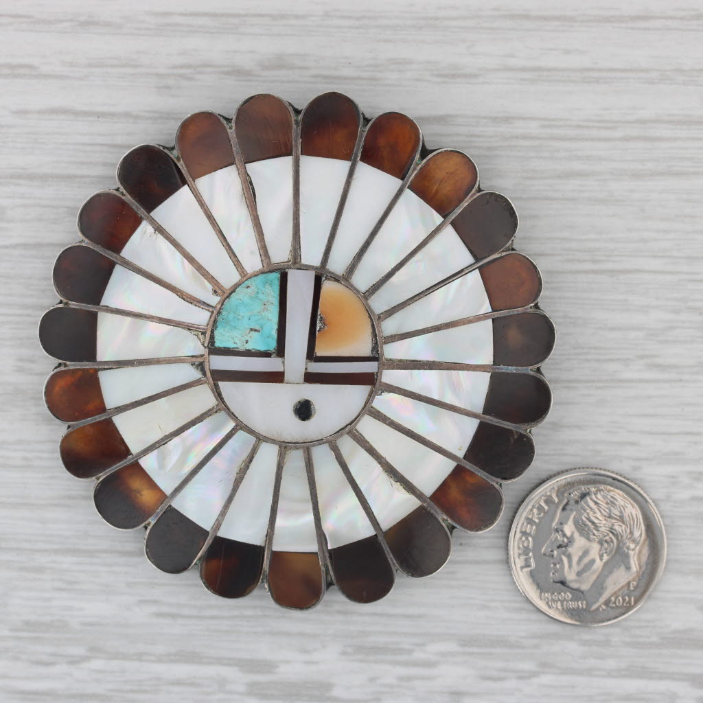 Gray Native American Zuni Sun God Brooch Sterling Silver Mother of Pearl Turquoise