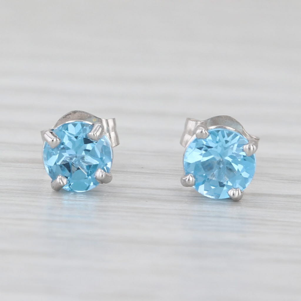 1.10ctw Blue Topaz Round Solitaire Stud Earrings 14k White Gold