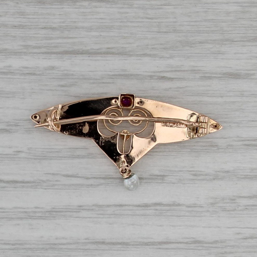 Ornate Antique Ruby Pearl Brooch 14k Rose Gold Pin