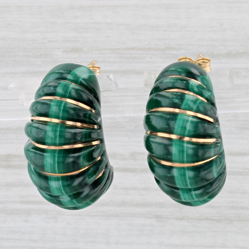 Dark Slate Gray Scalloped Green Malachite Drop Earrings 14k Yellow Gold Pierced Drops