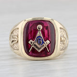 Masonic Signet Ring 10k Gold Lab Created Ruby Blue Lodge Vintage Square Compass