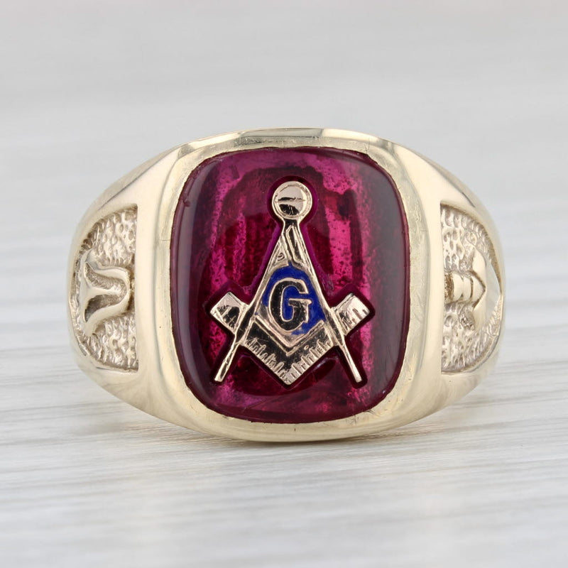 Light Gray Masonic Signet Ring 10k Gold Lab Created Ruby Blue Lodge Vintage Square Compass