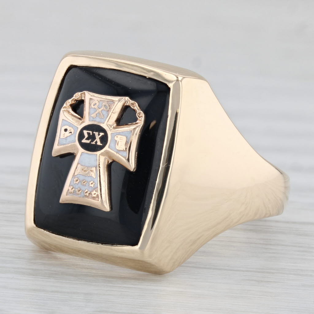 Light Gray Custom Sigma Chi Cross Badge Signet Ring 10k Gold Onyx Sz 12 Vintage Fraternity