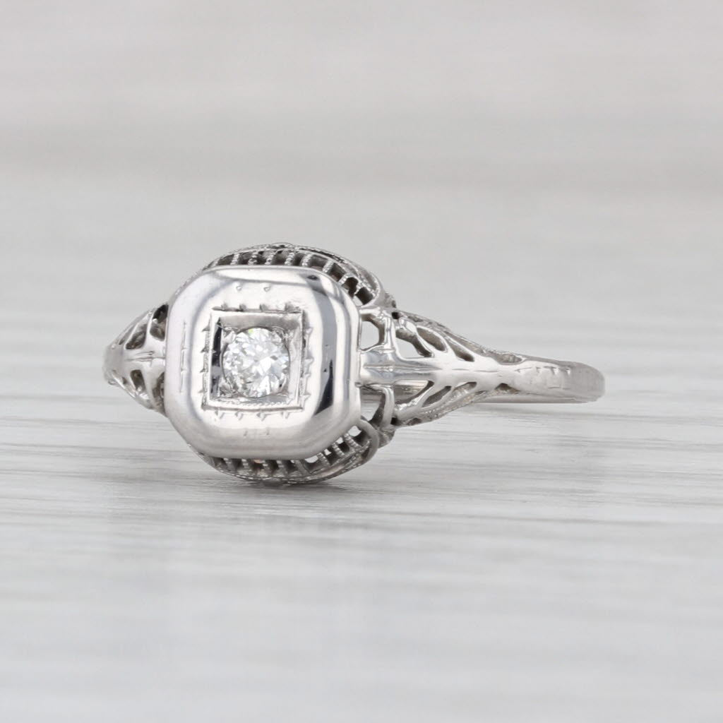 Art Deco Diamond Solitaire Ring 18k White Gold Filigree Size 7.5