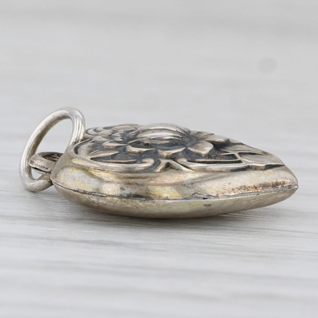 Light Gray Vintage Floral Puffy Heart Charm Sterling Silver Pendant