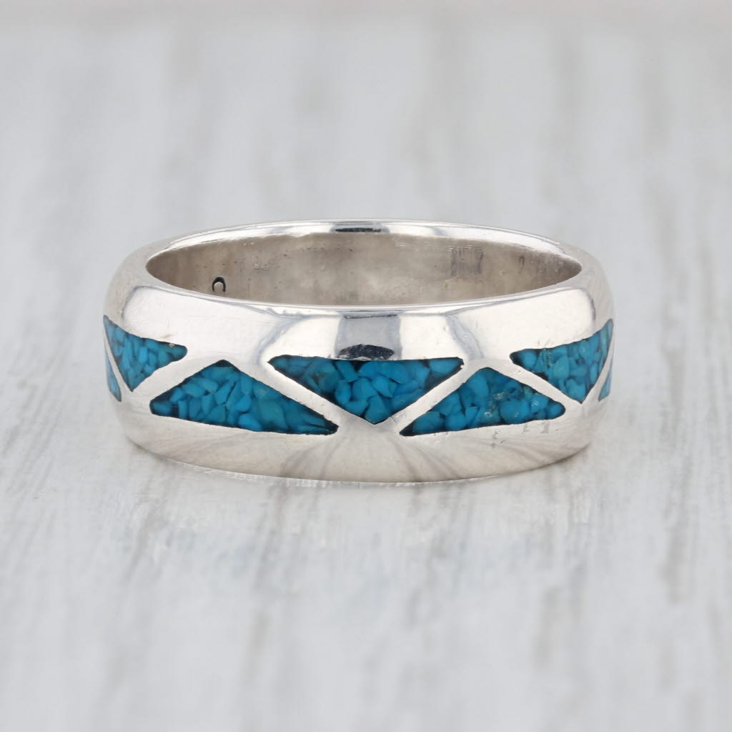 Imitation Turquoise Blue Resin Mosaic Inlay Ring Sterling Silver Size 9 Band