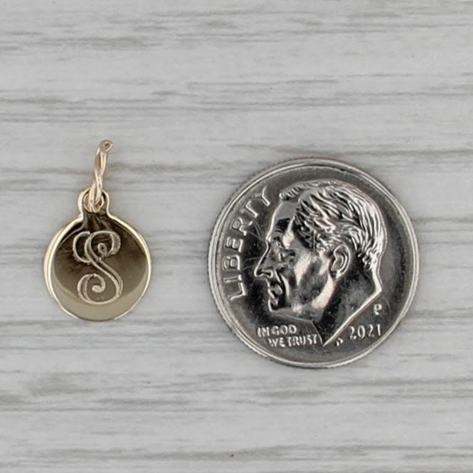 Engraved Letter Initial "S" Pendant 14k Yellow Gold Small Round Charm