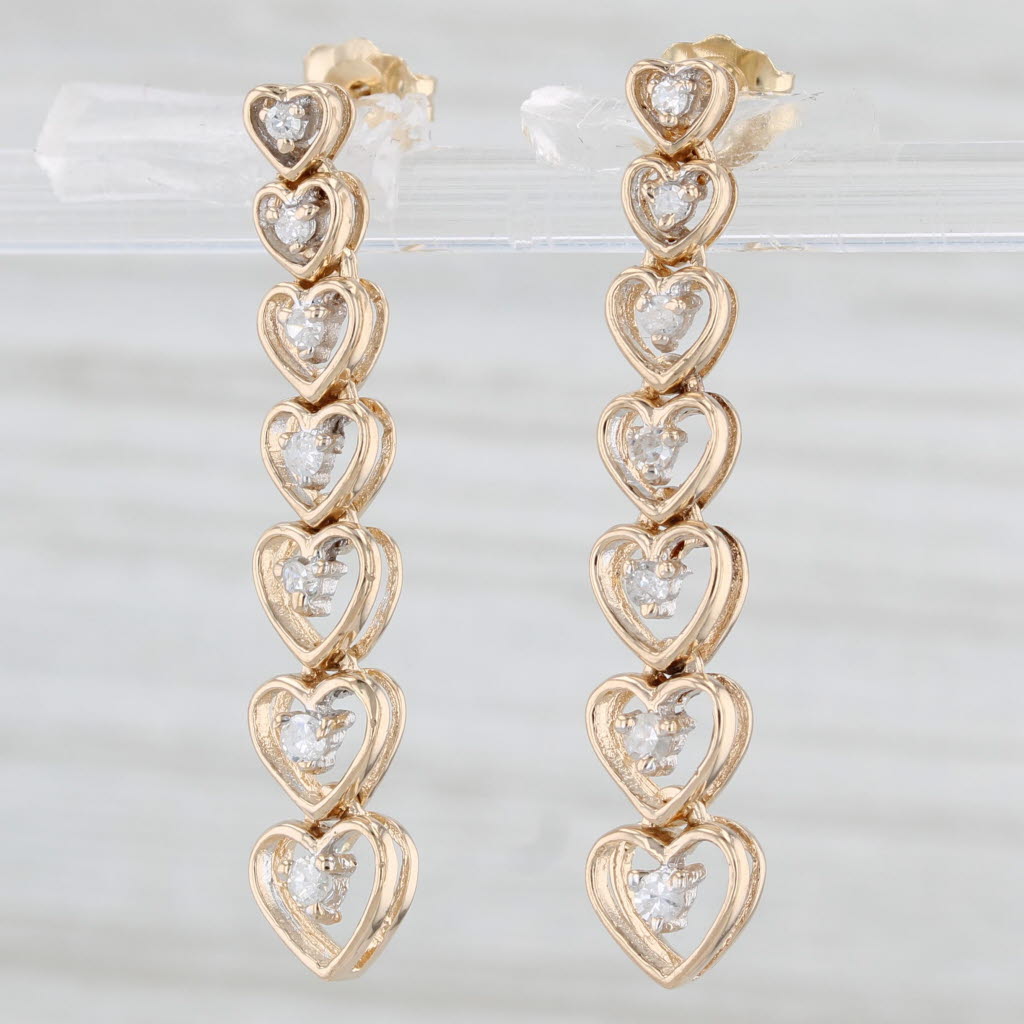 Light Gray 0.20ctw Diamond Hearts Journey Dangle Earrings 14k Yellow Gold Pierced Drops