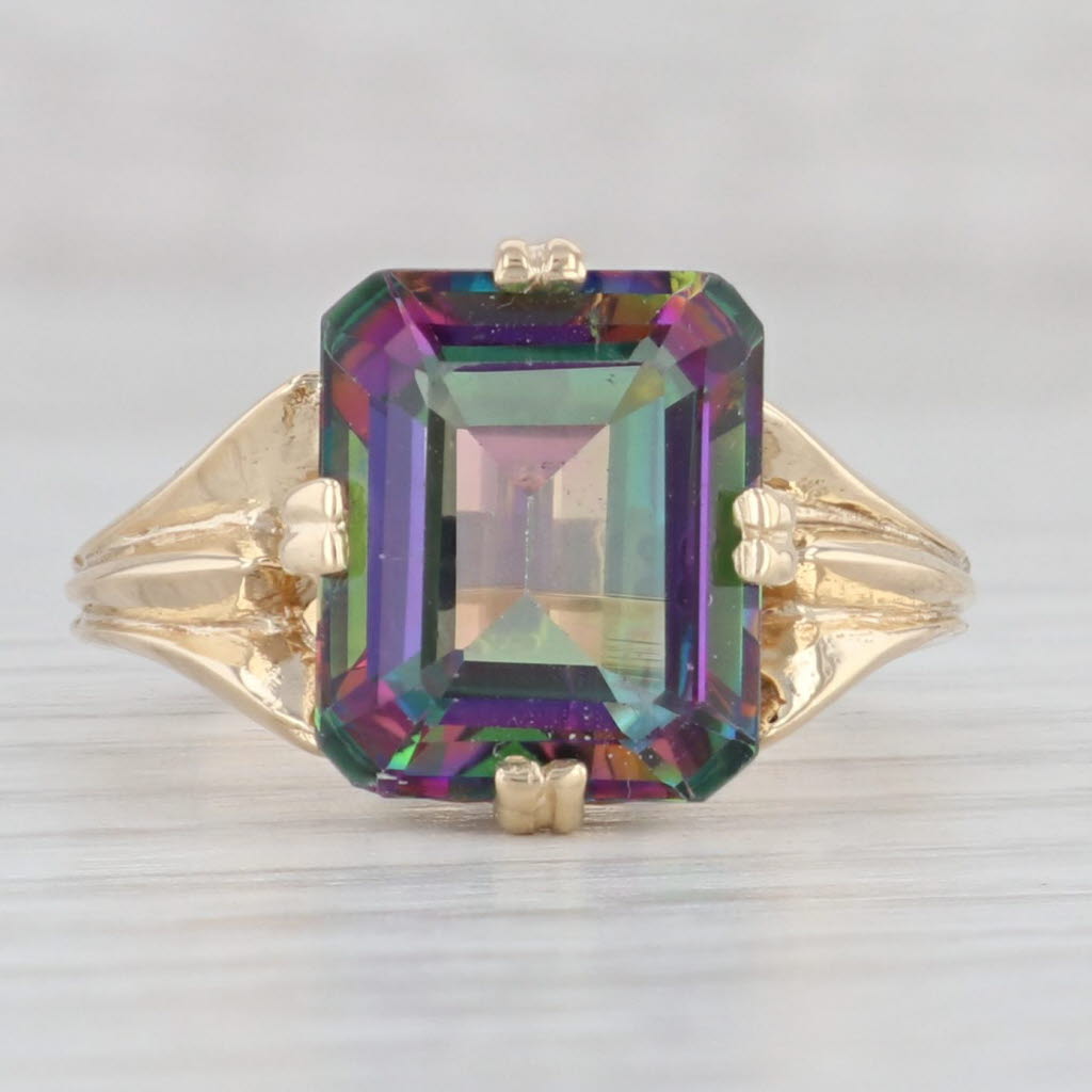 Light Gray 6.50ct Mystic Topaz Solitaire Ring 14k Yellow Gold Sz 7.5 Emerald Cut Solitaire