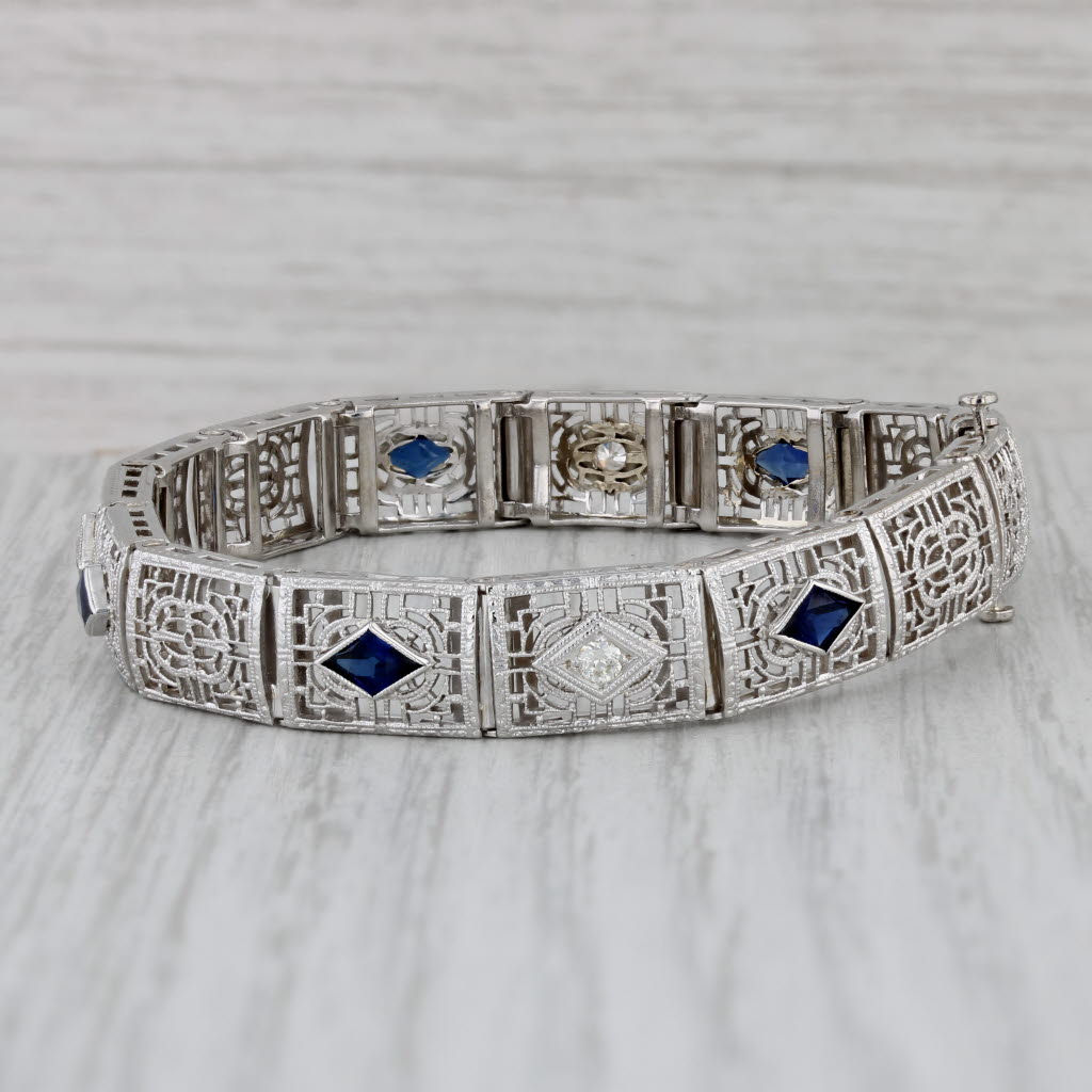 Gray Art Deco 1.74ctw Blue Lab Created Sapphire Diamond Filigree Bracelet 14k Gold