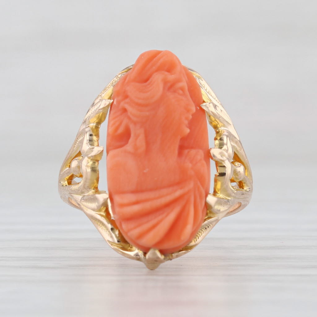 Vintage Carved Coral Cameo Ring 10k Yellow Gold Size 5.25