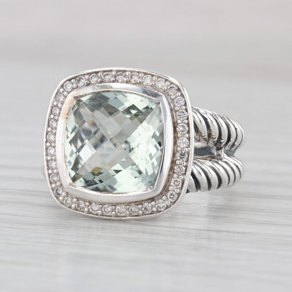 David Yurman 11mm Albion Ring Diamond Prasiolite Green Amethyst Sterling Silver