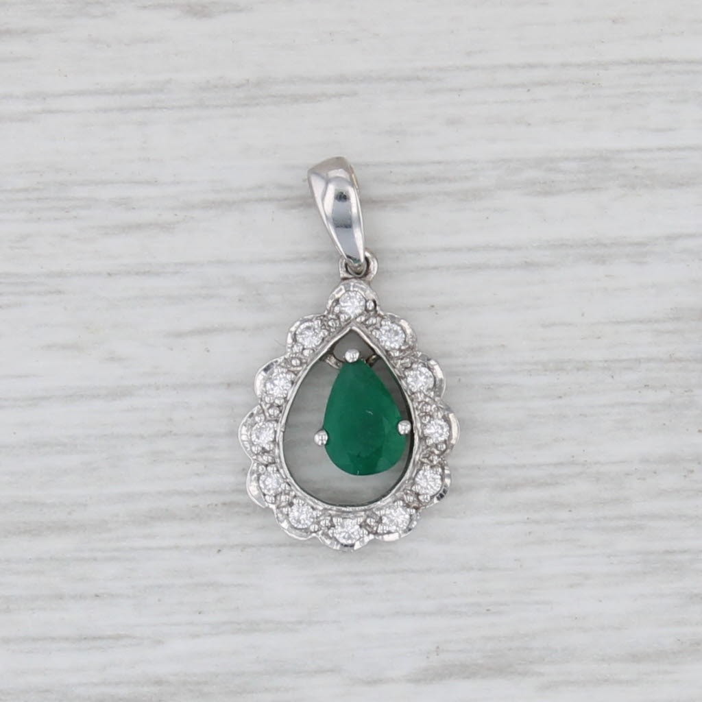 0.47ctw Emerald Diamond Halo Teardrop Pendant 14k White Gold