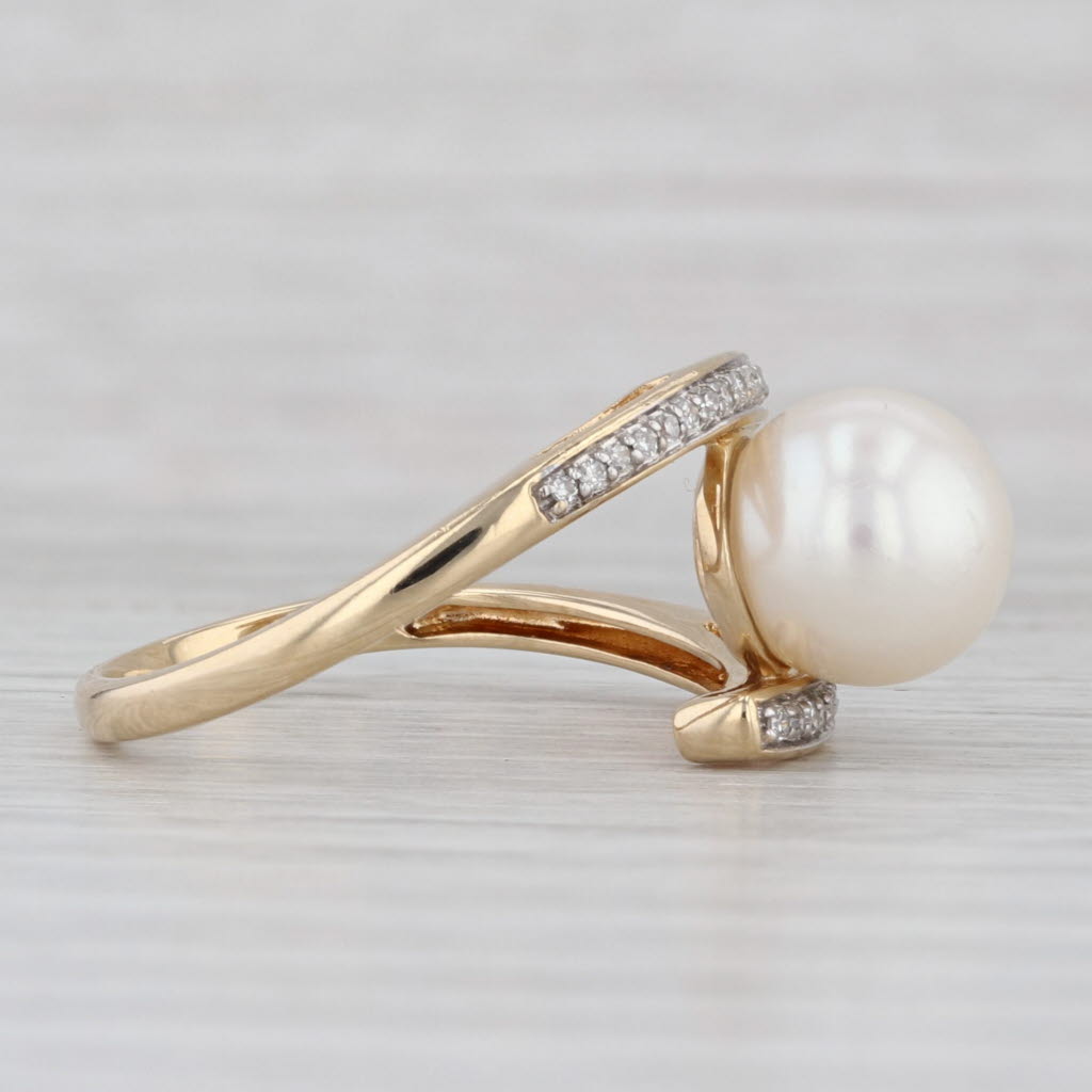 Cultured Pearl Diamond Bypass Ring 14k Yellow Gold Size 7