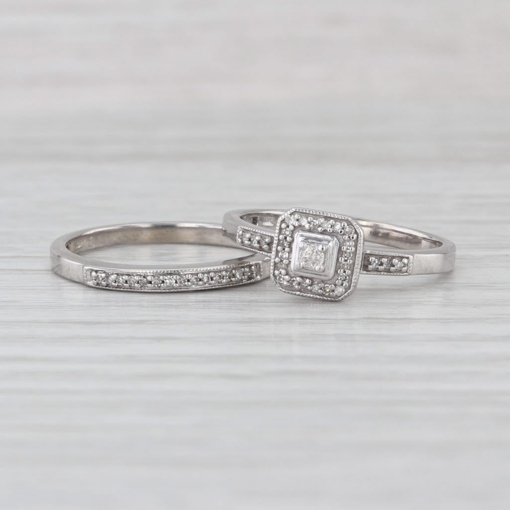 0.11ctw Diamond Halo Engagement Ring Wedding Band Bridal Set 10k White Gold