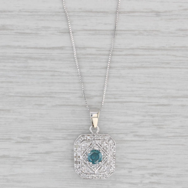 0.46ctw Teal & White Diamond Pendant Necklace 14k White Gold 18" Box Chain