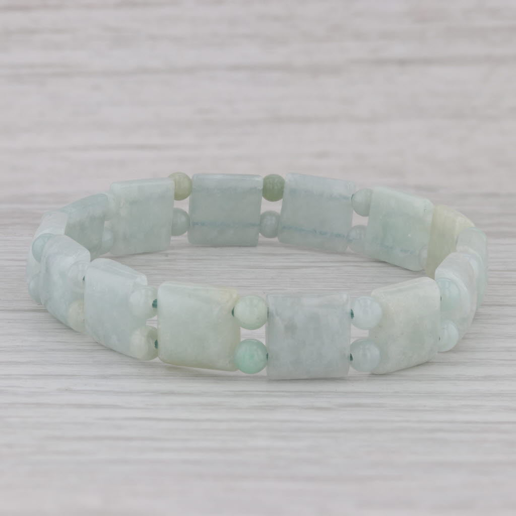 Gray Green Jadeite Jade Bead Stretch Bracelet 6.75" Adjustable