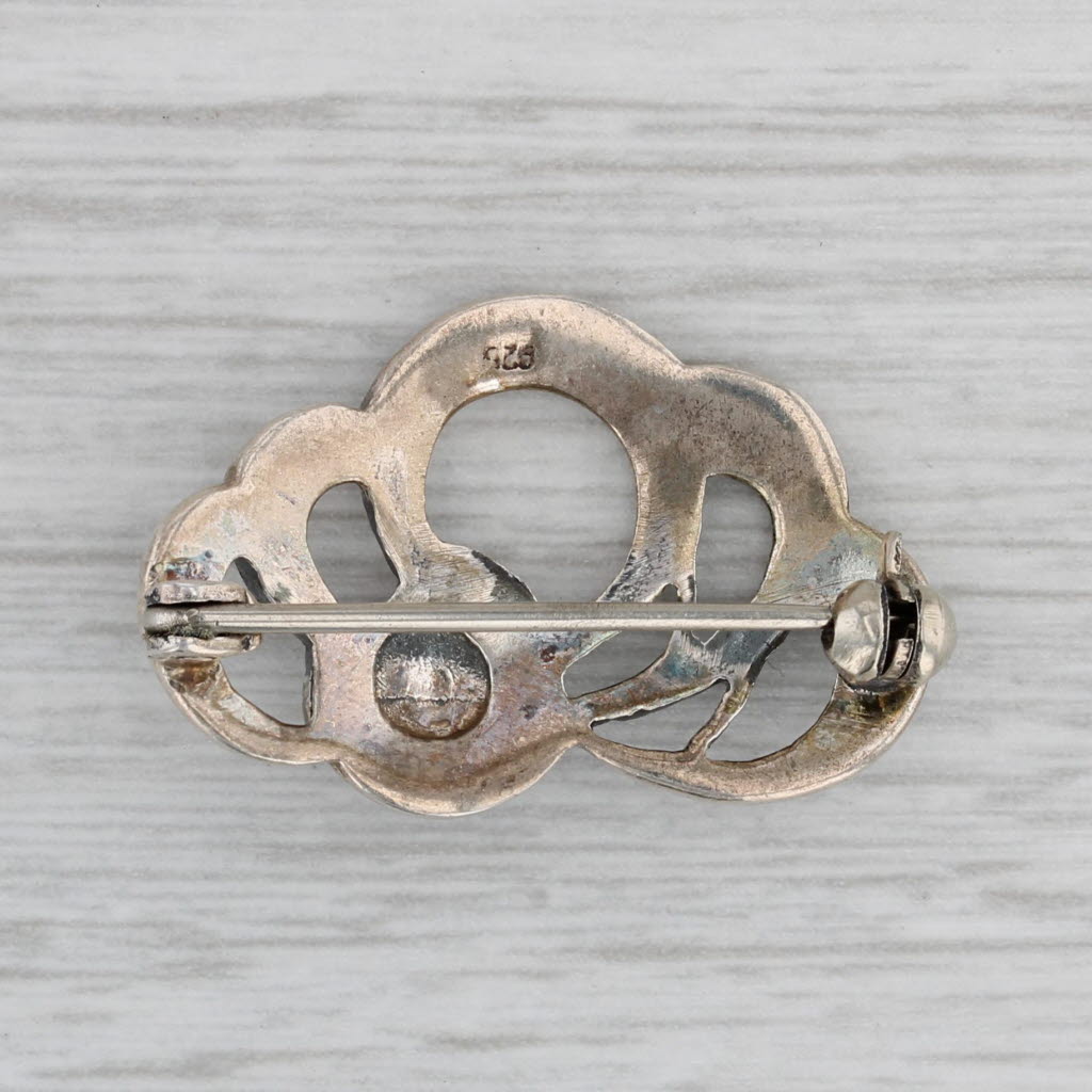 Gray Black Glass Marcasite Brooch Sterling Silver Vintage Pin