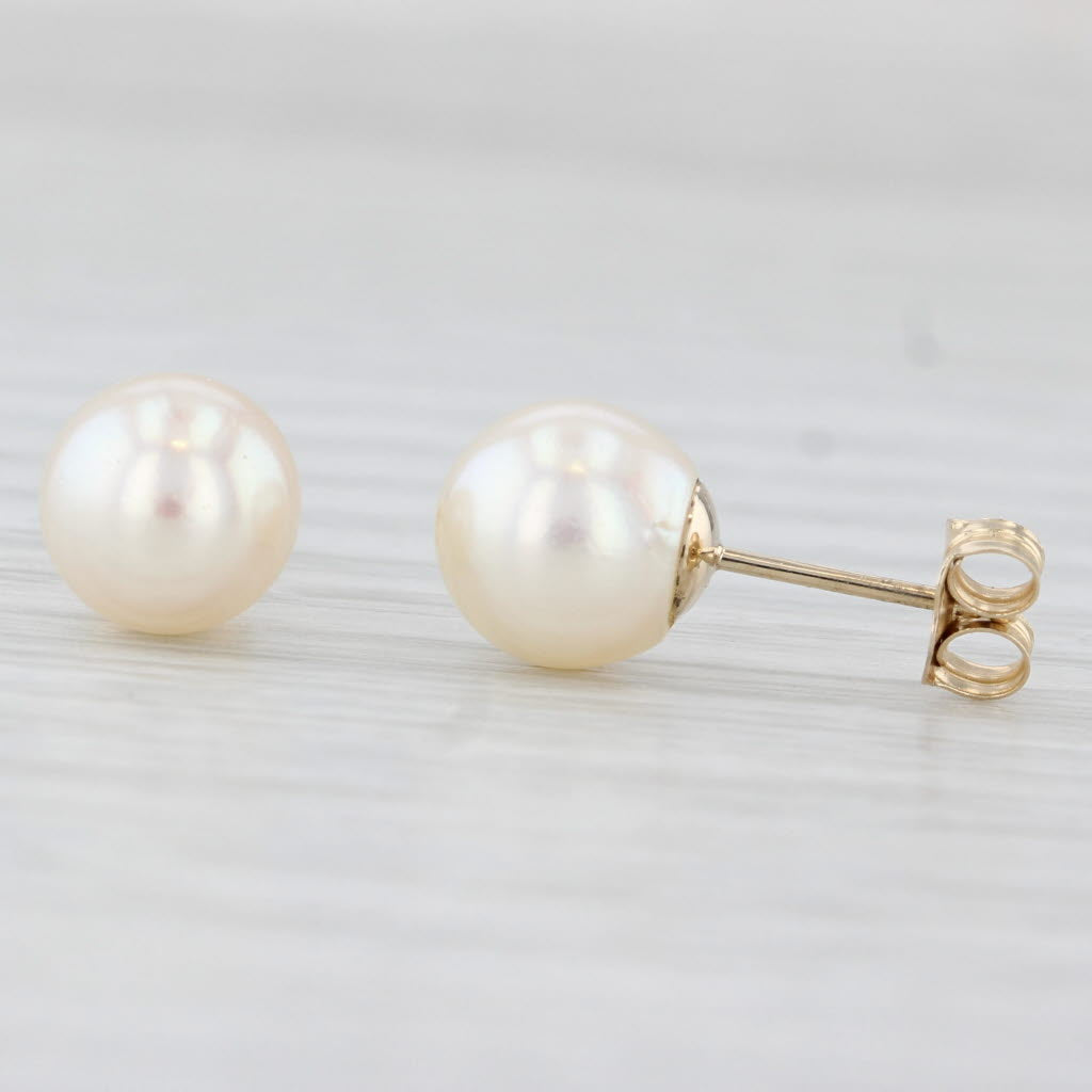 Light Gray Cultured Pearl Stud Earrings 14k Yellow Gold Round Bead Studs