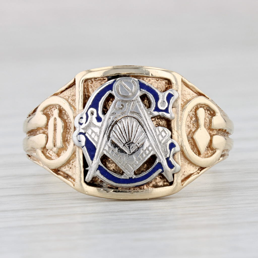 Light Gray Vintage Masonic Insignia Ring 14k Gold Blue Lodge Square Compass Working Tools