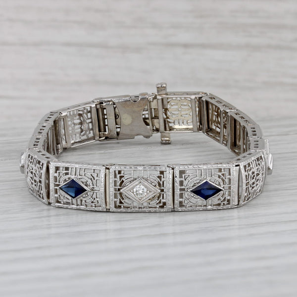 Gray Art Deco 1.74ctw Blue Lab Created Sapphire Diamond Filigree Bracelet 14k Gold