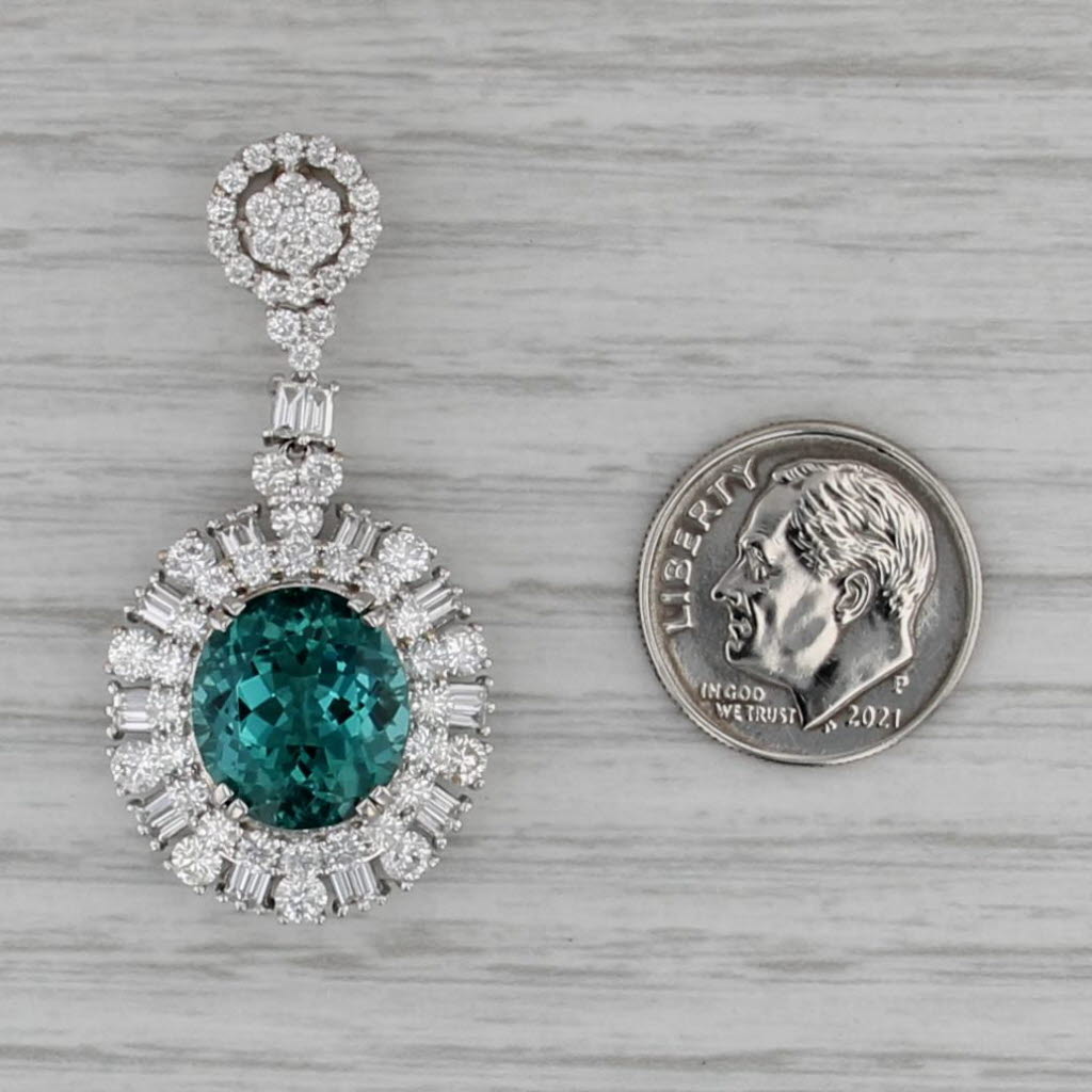 8.32ctw Green Tourmaline Diamond Halo Drop Pendant 18k White Gold GIA